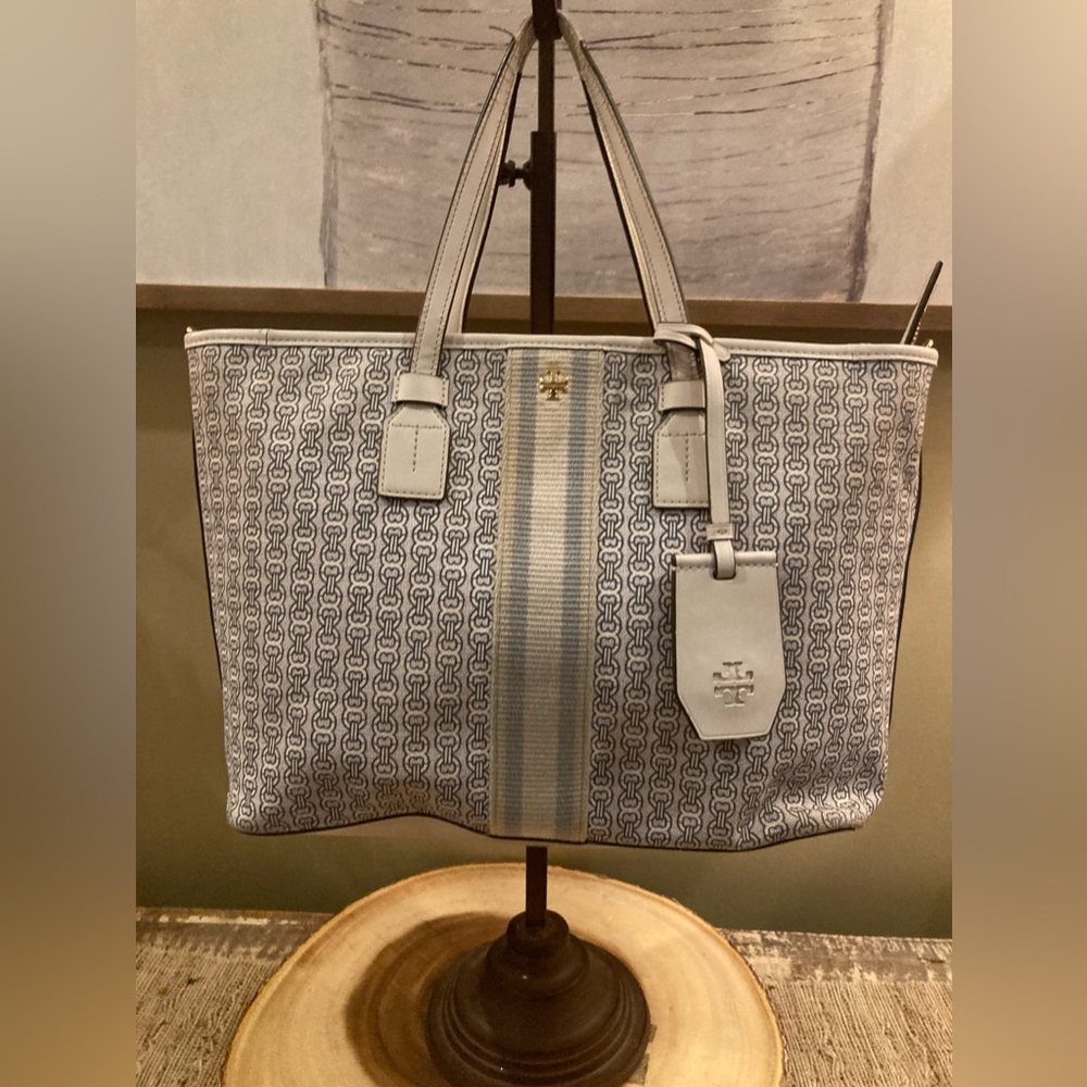 Tory Burch Gemini Link Coated Canvas White Leather Tote Bag Crossbody Strap - Picture 8 of 10